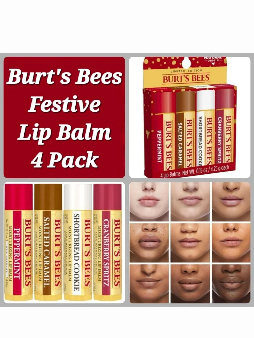 *4 PACK*Burt's Bees Limited Edition Holiday Festive Fix Lip Balm Gift Set 4 PACK